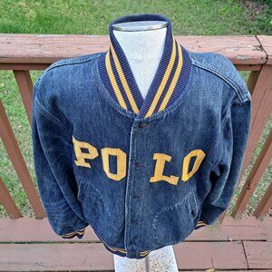 %Polo Ralph Lauren Denim Baseball Jacket Blue Logo Snap Men Size Medium